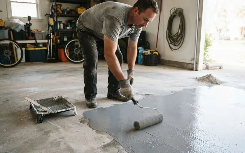 Contractor rolling a base coat epoxy across a freshly ground garage slab with dust containment sheeting along the walls