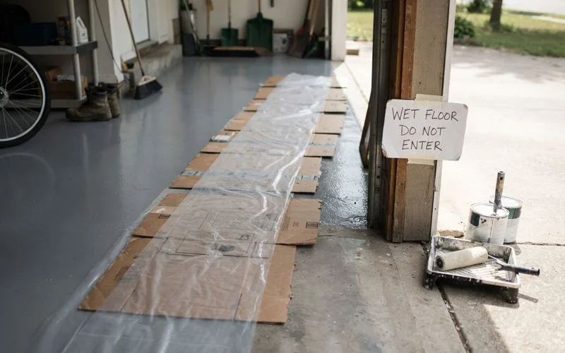A garage floor with a temporary barrier or caution tape blocking vehicle access while a fresh epoxy coating cures